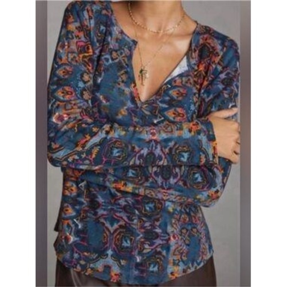 Anthropologie Pilcro Boho Paisley Thermal Top M Split Neck Waffle Whimsigoth New
